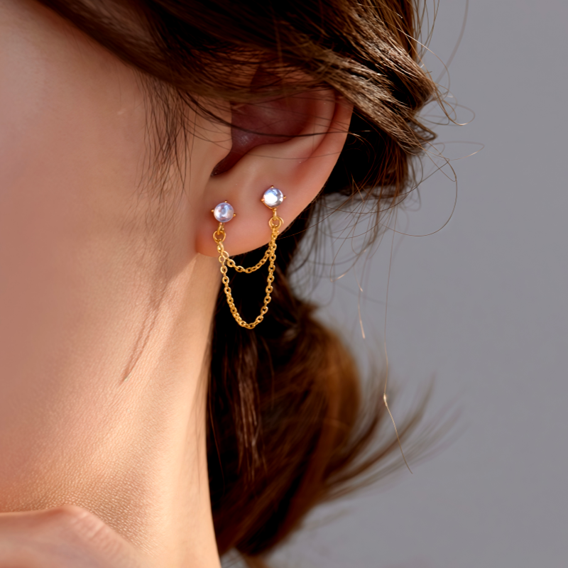 Sterling Silver Elegant Cat's Eye Stone Chain Tassel Earrings