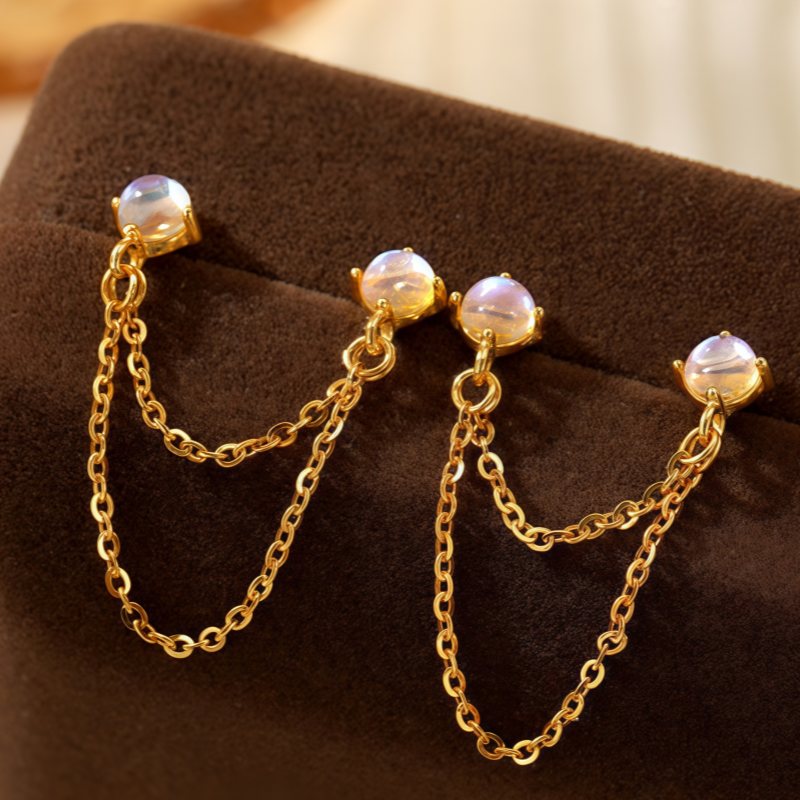 Sterling Silver Elegant Cat's Eye Stone Chain Tassel Earrings