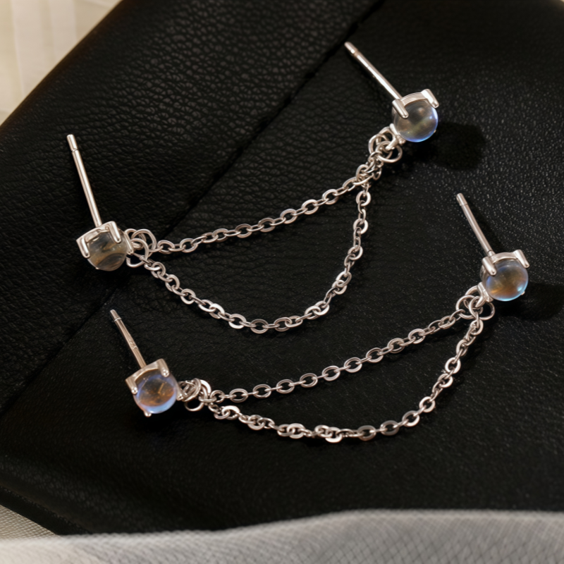 Sterling Silver Elegant Cat's Eye Stone Chain Tassel Earrings