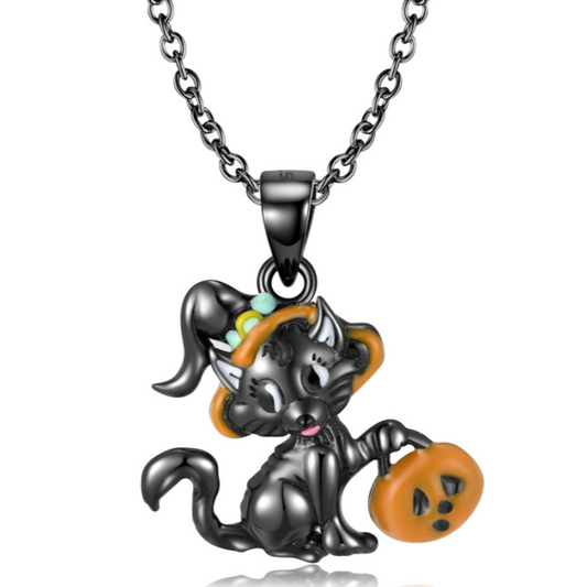 Sterling Silver Halloween Cute Black Cat Pendant Necklace