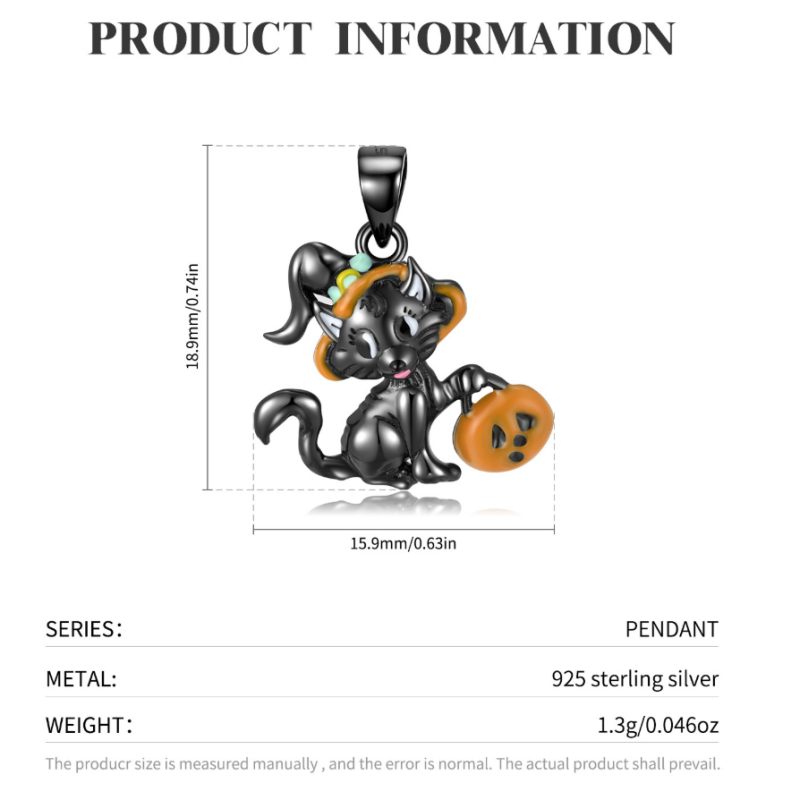 Sterling Silver Halloween Cute Black Cat Pendant Necklace