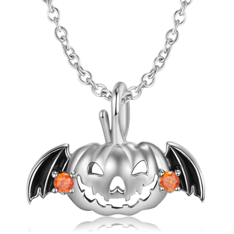 Sterling Silver Halloween Hollow Flying Pumpkin Pendant Necklace