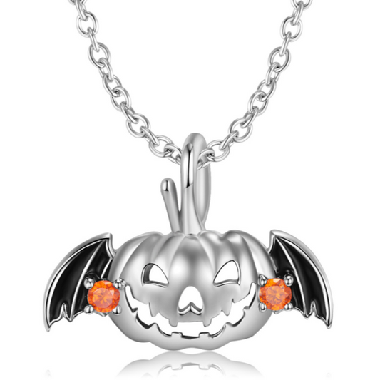 Sterling Silver Halloween Hollow Flying Pumpkin Pendant Necklace