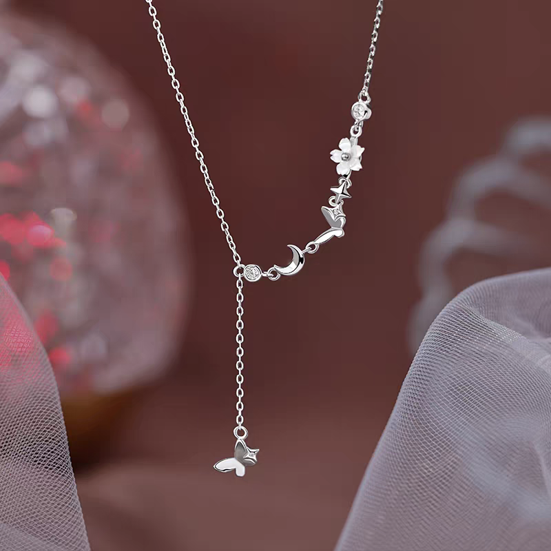 Sterling Silver Luxury Butterfly And Moon Tassel Necklace