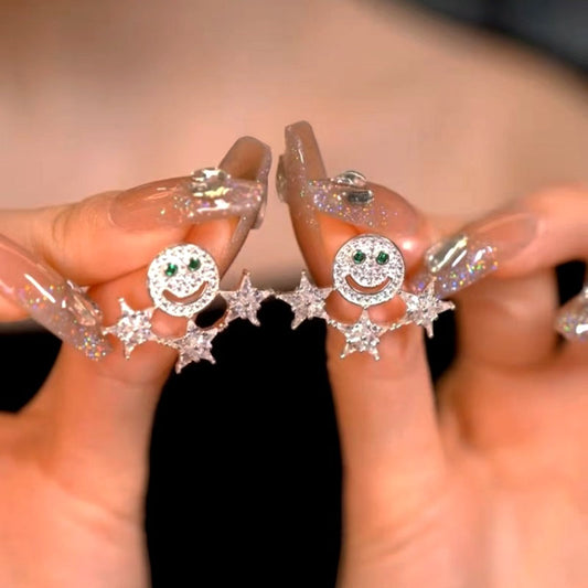 Sterling Silver Luxury Zircon Diamond Smile face Star Earrings