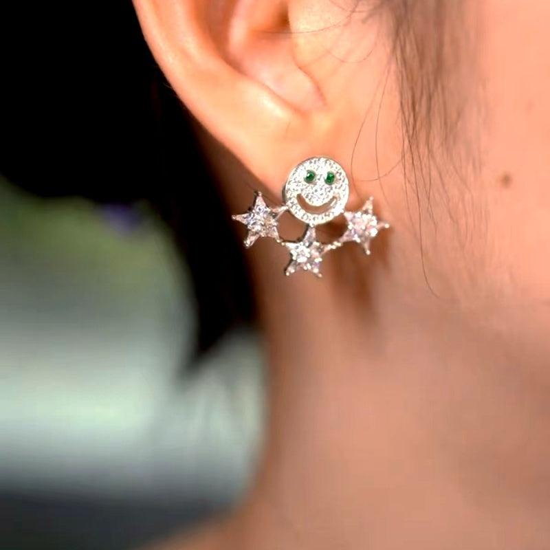 Sterling Silver Luxury Zircon Diamond Smile face Star Earrings