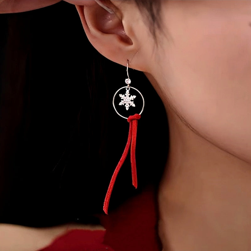 Sterling Silver Moose Snowflake Circle Red Velvet Tassel Earrings
