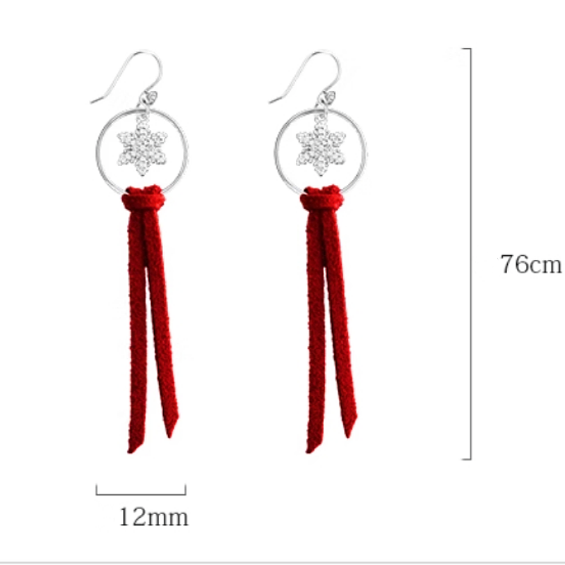 Sterling Silver Moose Snowflake Circle Red Velvet Tassel Earrings