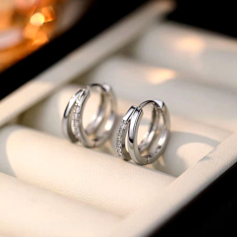 Sterling Silver Zircon Diamond Double-Layer Hoop Earrings