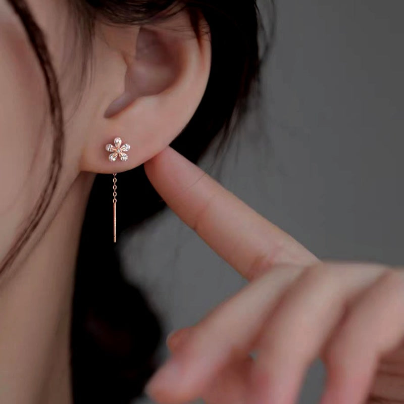 Sterling Silver Zircon Diamond Flower Threader Earrings