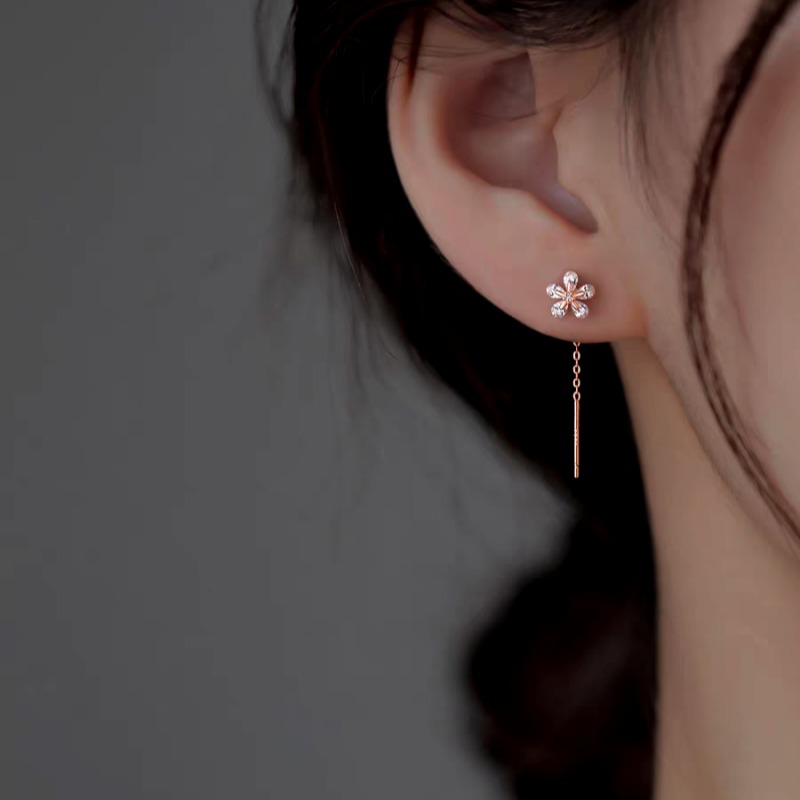 Sterling Silver Zircon Diamond Flower Threader Earrings