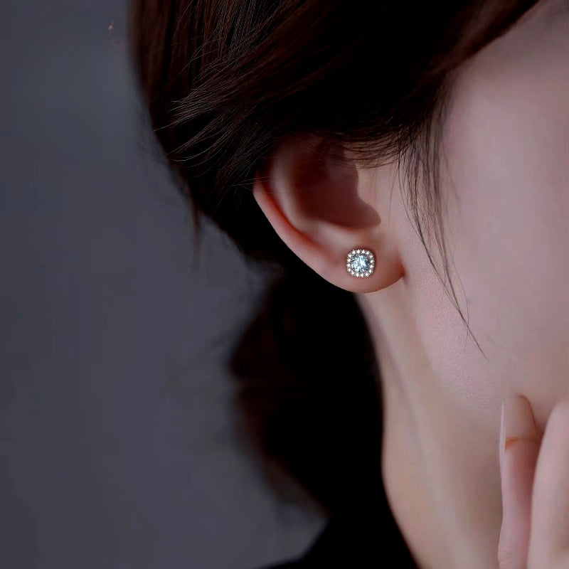 Sterling Silver Zircon Diamond Sugar Cube Stud Earrings