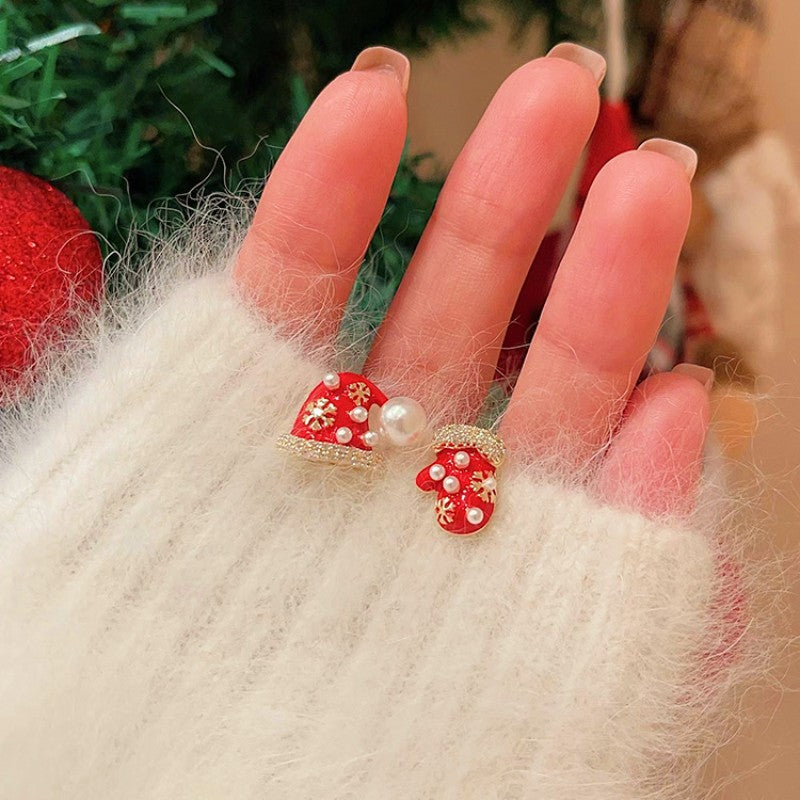 Silver Post Christmas Hat & Gloves Stud Earrings
