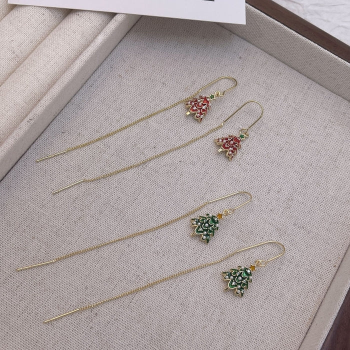 14K Gold Plated Christmas Tree Threader Earrings