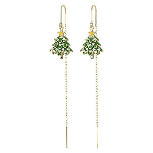 14K Gold Plated Christmas Tree Threader Earrings