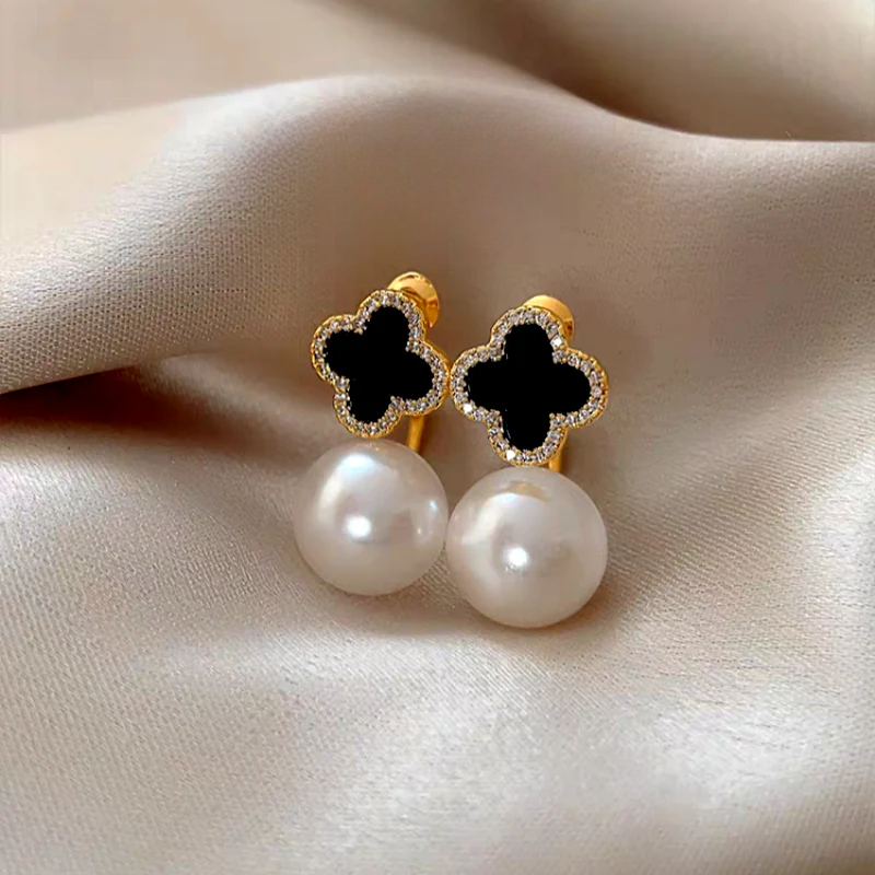 14K Gold-Plated 2025 New Luxury Four-Leaf Flower Pearl Jacket Earrings