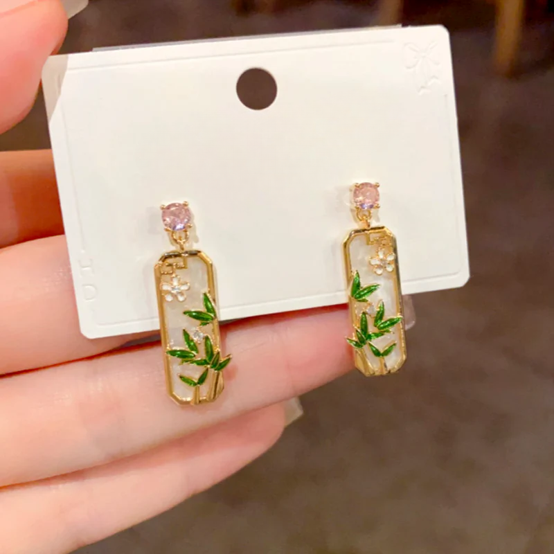14K Gold-Plated Elegant Zircon Diamond Bamboo Leaf Earrings