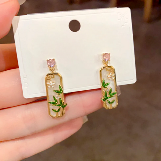 14K Gold-Plated Elegant Zircon Diamond Bamboo Leaf Earrings