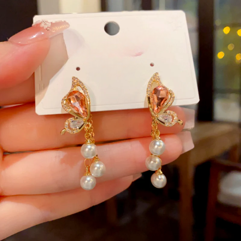 14K Gold-Plated Elegant Zircon Diamond Butterfly Pearl Tassel Earrings