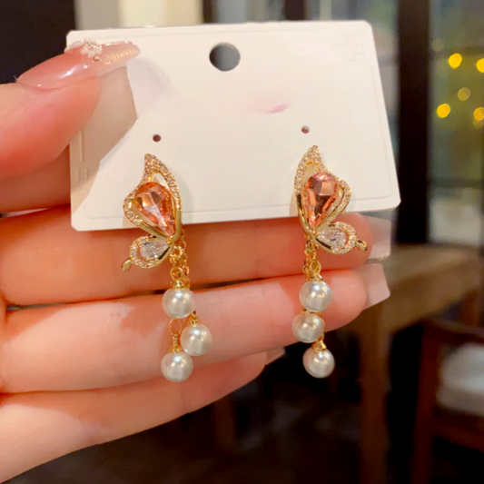 14K Gold-Plated Elegant Zircon Diamond Butterfly Pearl Tassel Earrings