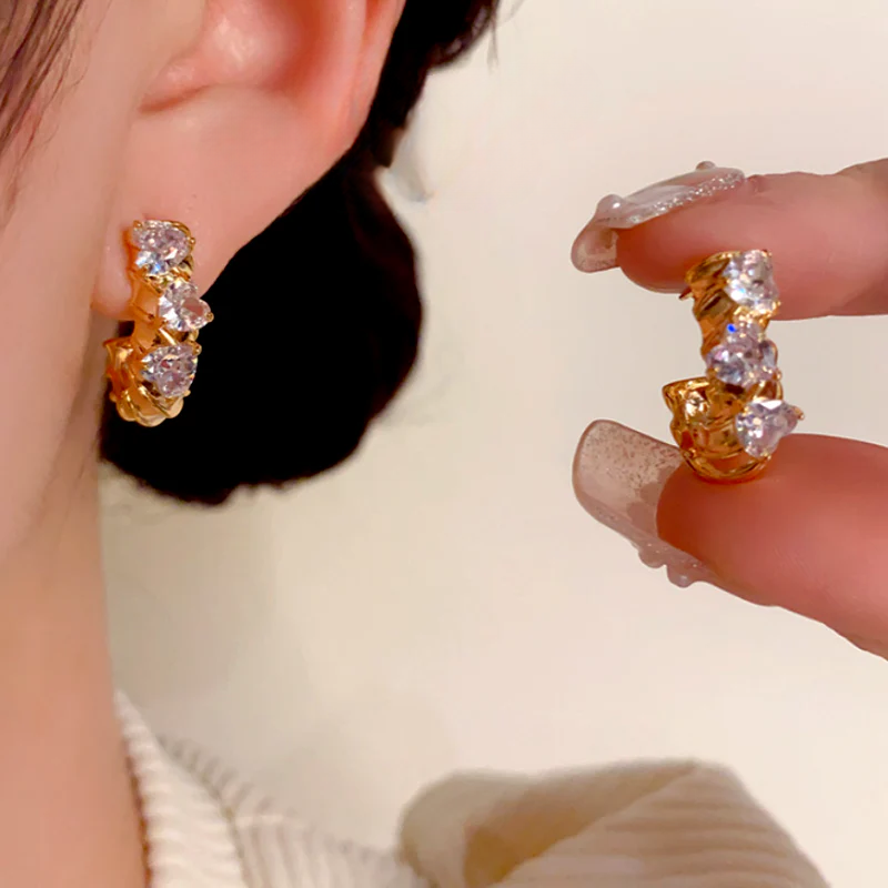 14K Gold-Plated Elegant Zircon Diamond C-Shaped Earrings