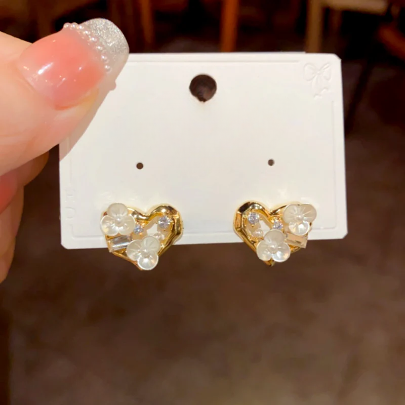 14K Gold-Plated Elegant Zircon Diamond Flower Heart Stud Earrings