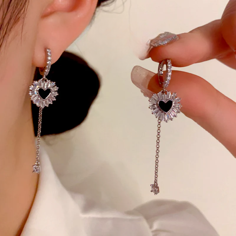 14K Gold-Plated Elegant Zircon Diamond Heart Tassel Earrings