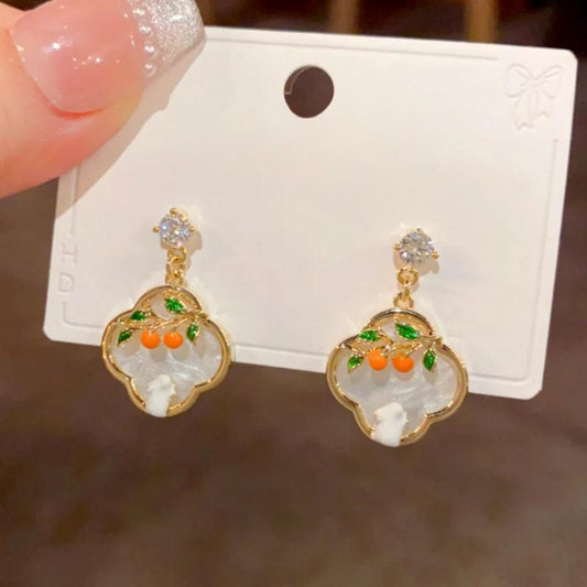 14K Gold-Plated Elegant Zircon Diamond Oil Drop Four-Leaf Persimmon Earrings