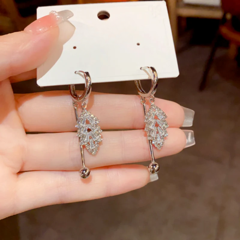 14K Gold-Plated Elegant  Zircon Leaf Tassel Earrings