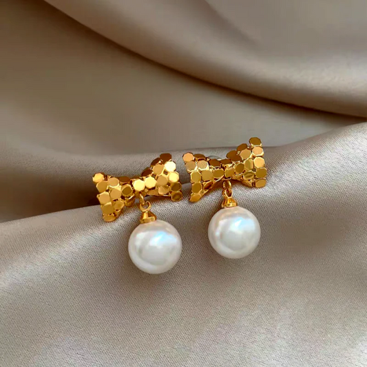 14K Gold-Plated Luxury Geometric Bow Pearl Earrings