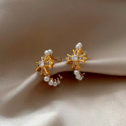 14K Gold-Plated Luxury Zircon Diamond Cross Pearl C-Shaped Earrings