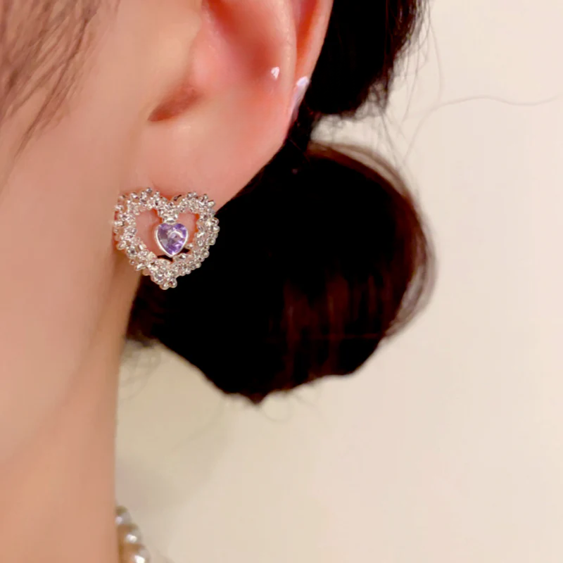 14K Gold-Plated Luxury Zircon Diamond Hollow Heart Stud Earrings