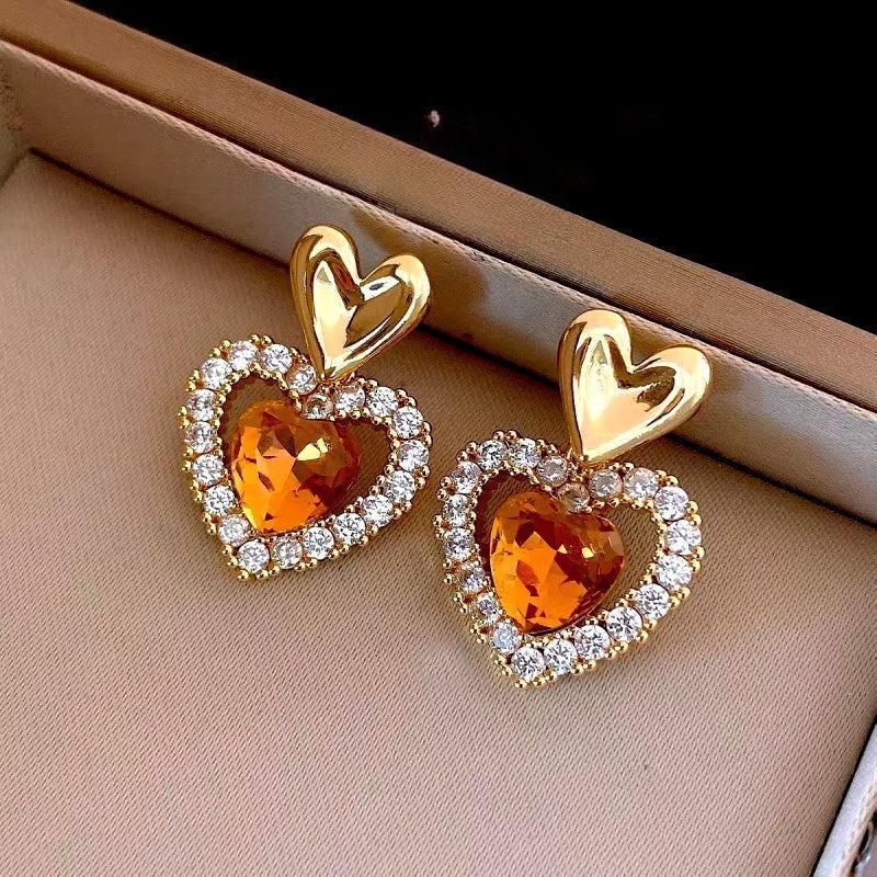 14K Gold-Plated Zircon Diamond Heart Earrings