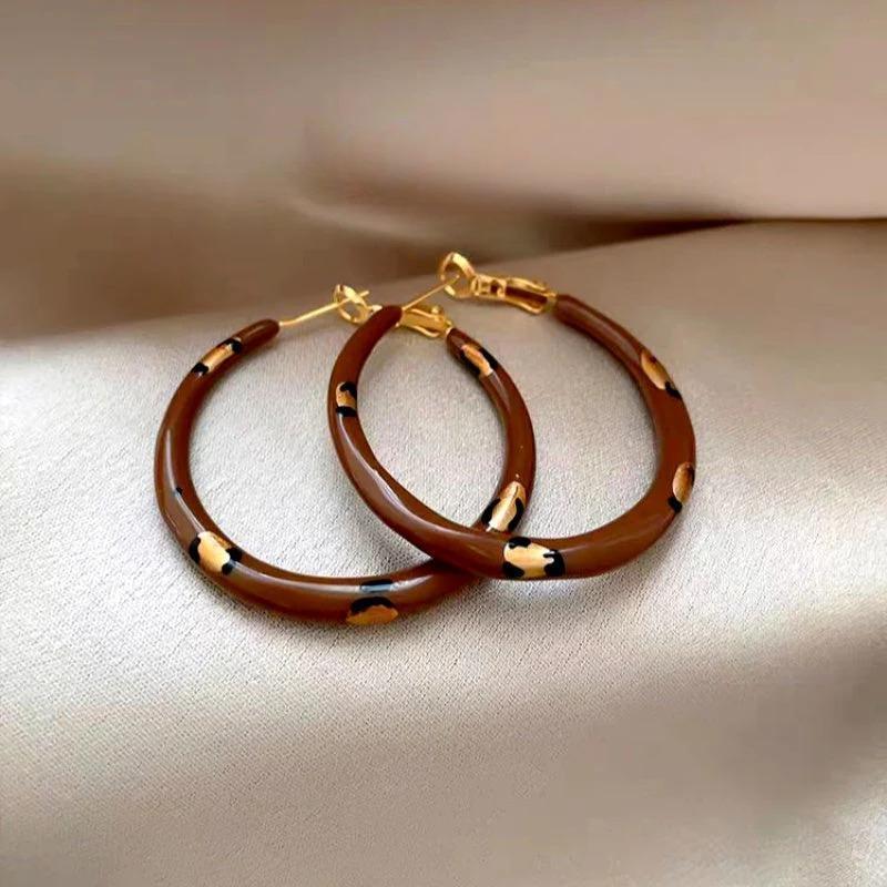 14K Gold-Plated Luxury Brown Drip Glaze Polka Dot Leopard Print Hoop Earrings