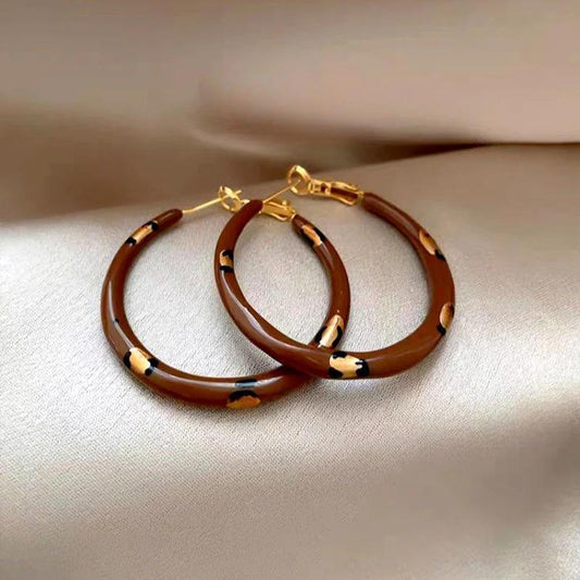 14K Gold-Plated Luxury Brown Drip Glaze Polka Dot Leopard Print Hoop Earrings
