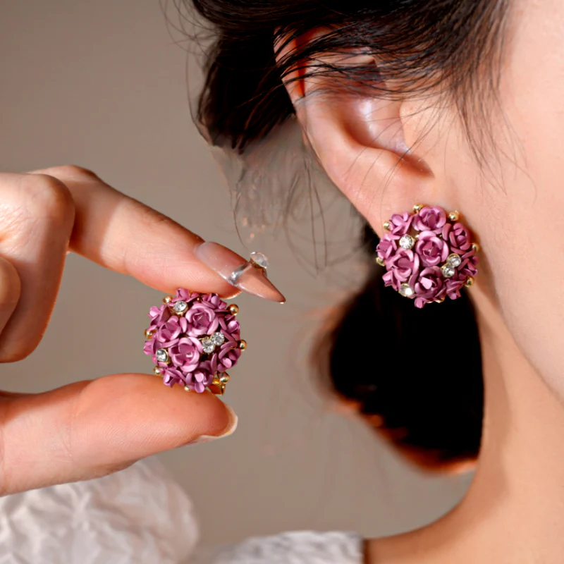 Silver Post Zircon Diamond Flower Stud Earrings