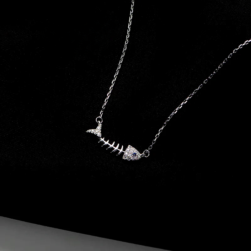 Sterling Silver Zircon Diamond Fish Bone Necklace