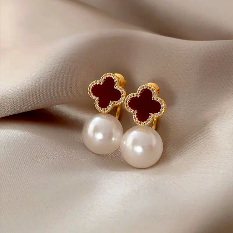 14K Gold-Plated 2025 New Luxury Four-Leaf Flower Pearl Jacket Earrings