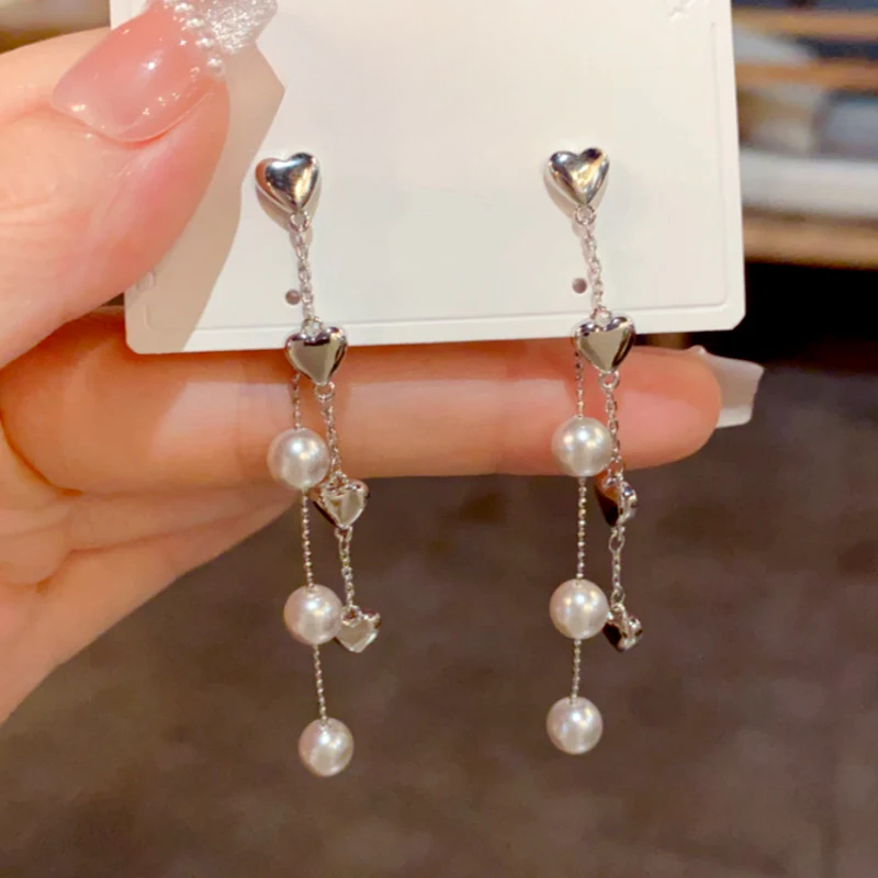 14K Gold-Plated Elegant Heart Pearl Tassel Earrings