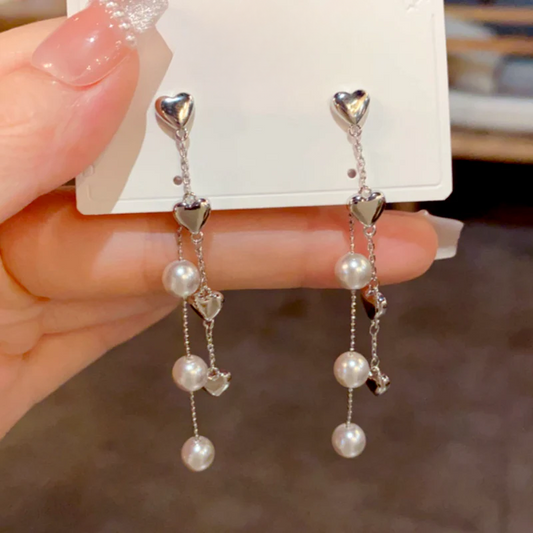 14K Gold-Plated Elegant Heart Pearl Tassel Earrings