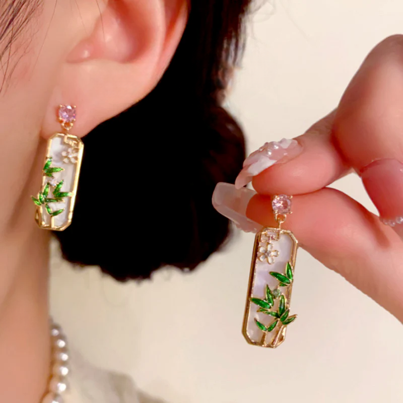 14K Gold-Plated Elegant Zircon Diamond Bamboo Leaf Earrings