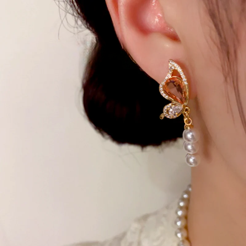 14K Gold-Plated Elegant Zircon Diamond Butterfly Pearl Tassel Earrings