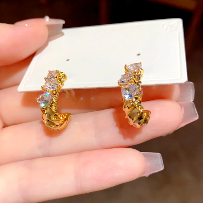 14K Gold-Plated Elegant Zircon Diamond C-Shaped Earrings