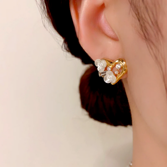 14K Gold-Plated Elegant Zircon Diamond Flower Heart Stud Earrings