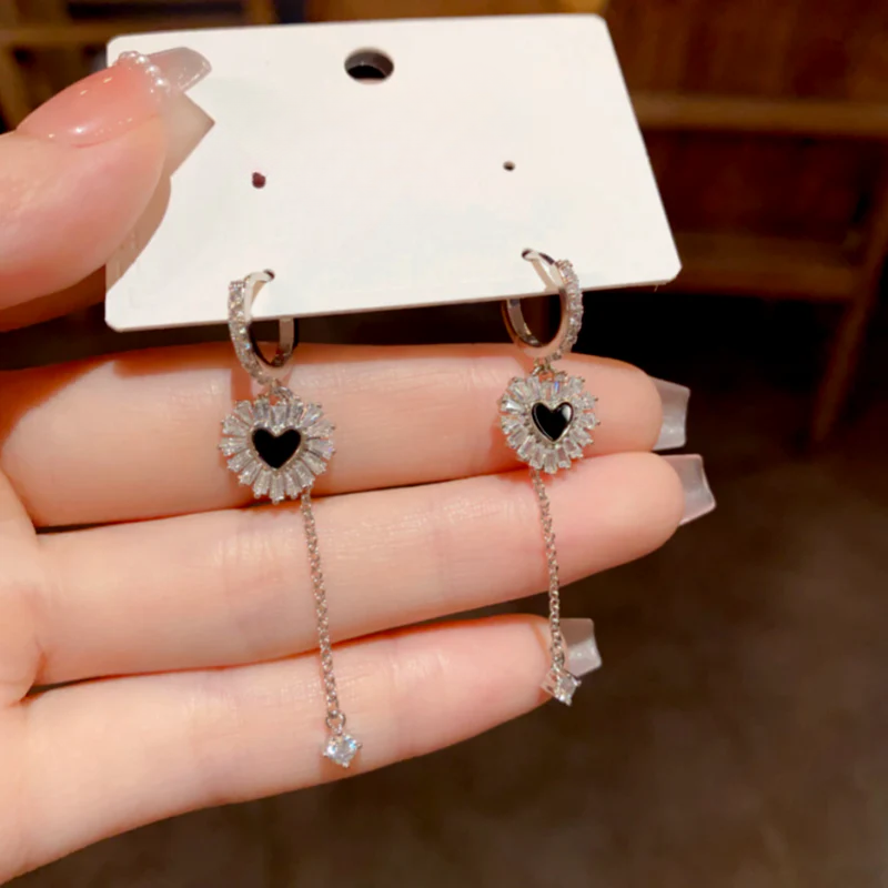 14K Gold-Plated Elegant Zircon Diamond Heart Tassel Earrings