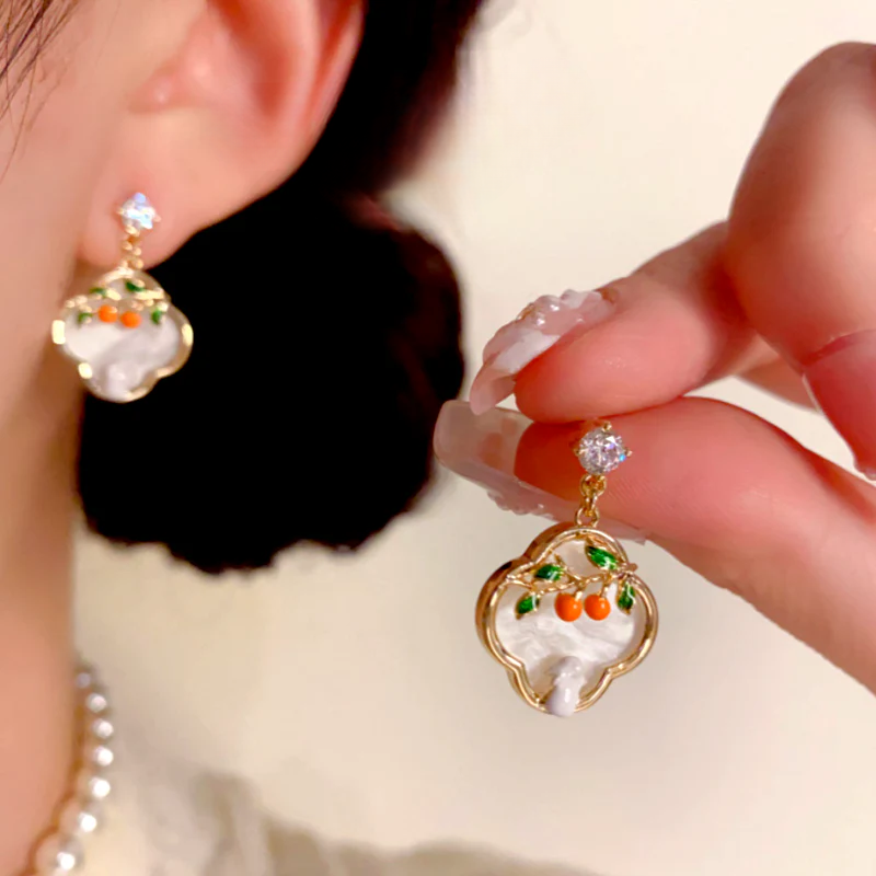 14K Gold-Plated Elegant Zircon Diamond Oil Drop Four-Leaf Persimmon Earrings
