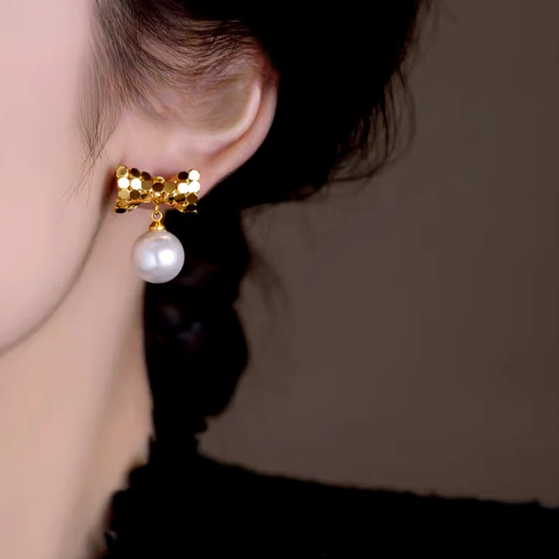 14K Gold-Plated Luxury Geometric Bow Pearl Earrings