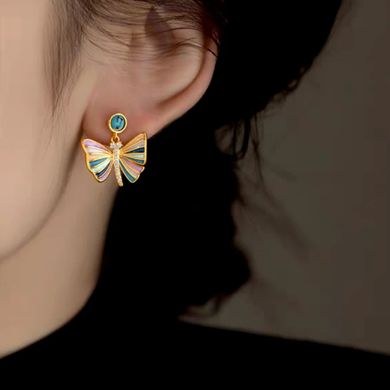 14K Gold-Plated Luxury Zircon Diamond Colorful Butterfly Earrings