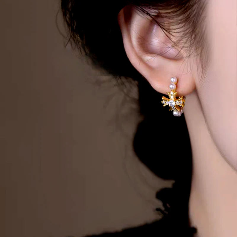 14K Gold-Plated Luxury Zircon Diamond Cross Pearl C-Shaped Earrings