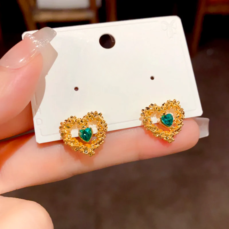 14K Gold-Plated Luxury Zircon Diamond Hollow Heart Stud Earrings